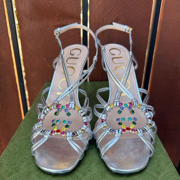 Gucci Women's Isa Crystal Embellished Interlocking G Slingback High Heel Sandals - Picture 2 of 10